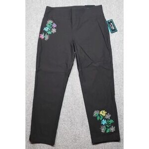 Attyre Pants Womens 14 Audrey Ankle Black Floral Slim Leg High Rise Pull On New